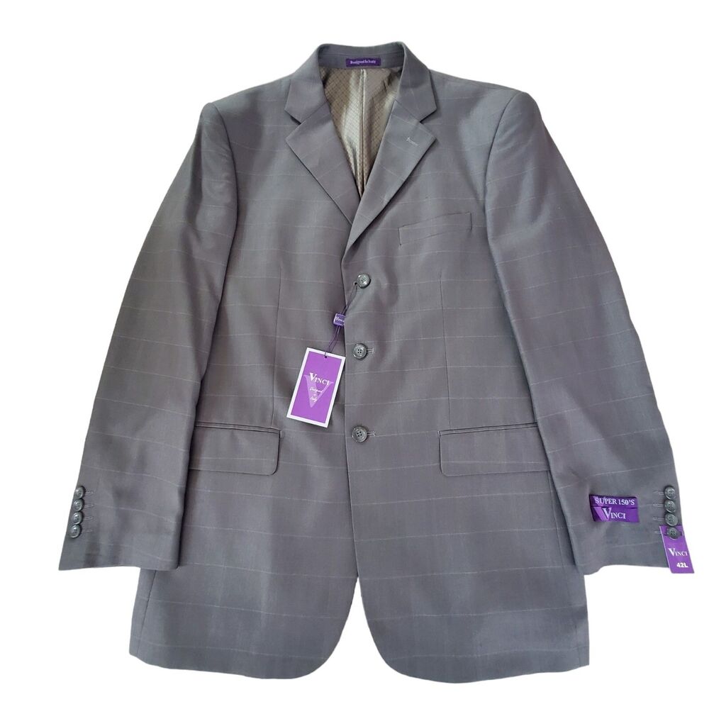Vinci‎ Super 150's Suit Jacket Zegna Olive Window Pane Italian Men's 42L $300